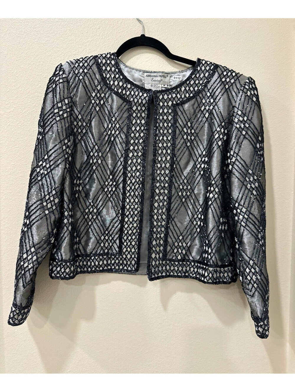 Vintage Adrianna Papell Evening Hand-Beaded Diamond Lattice Silk Jacket Size M